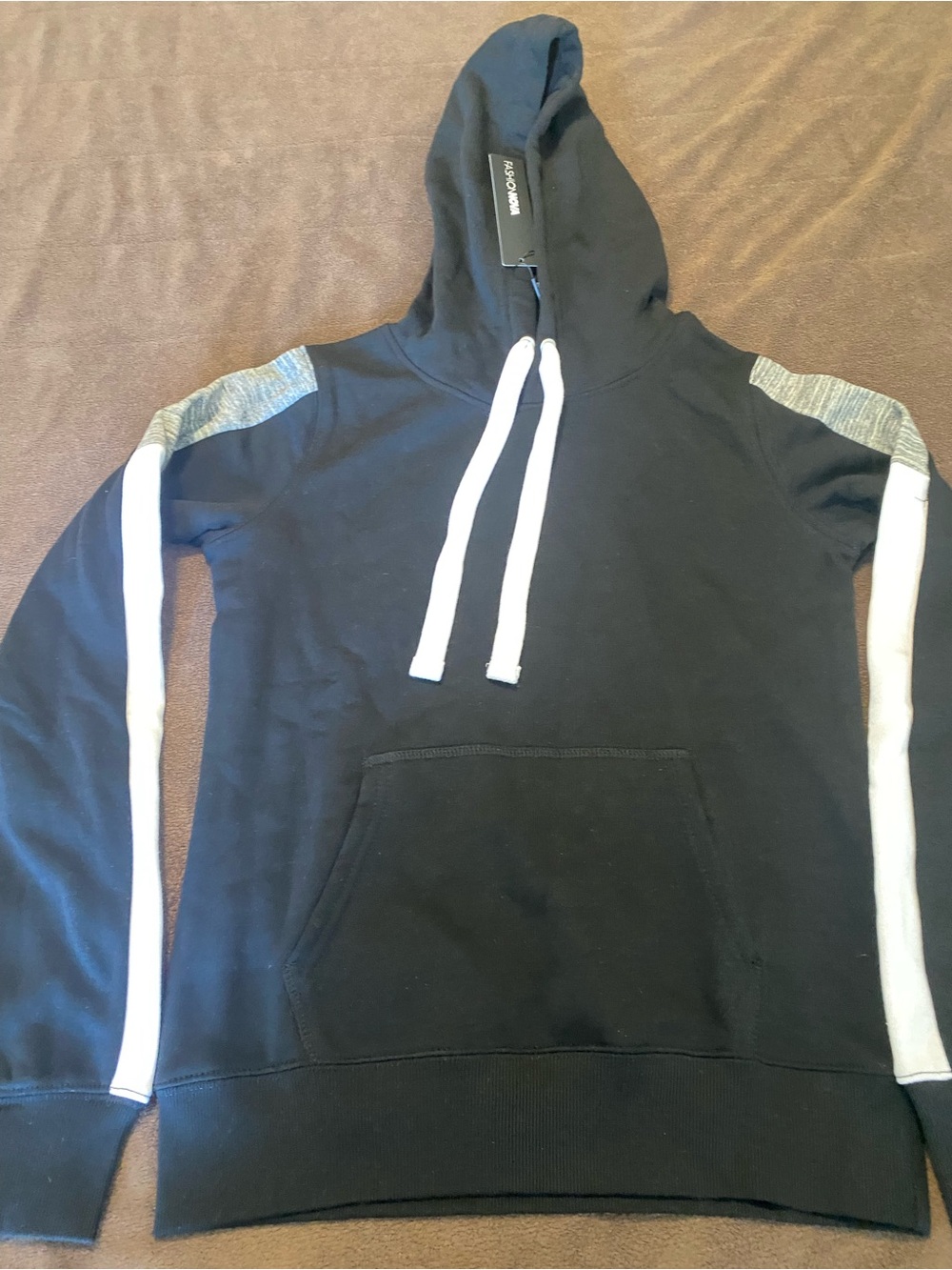 Fashion Nova Black Hoodie with White Drawstrings and Gray Shoulder Panels